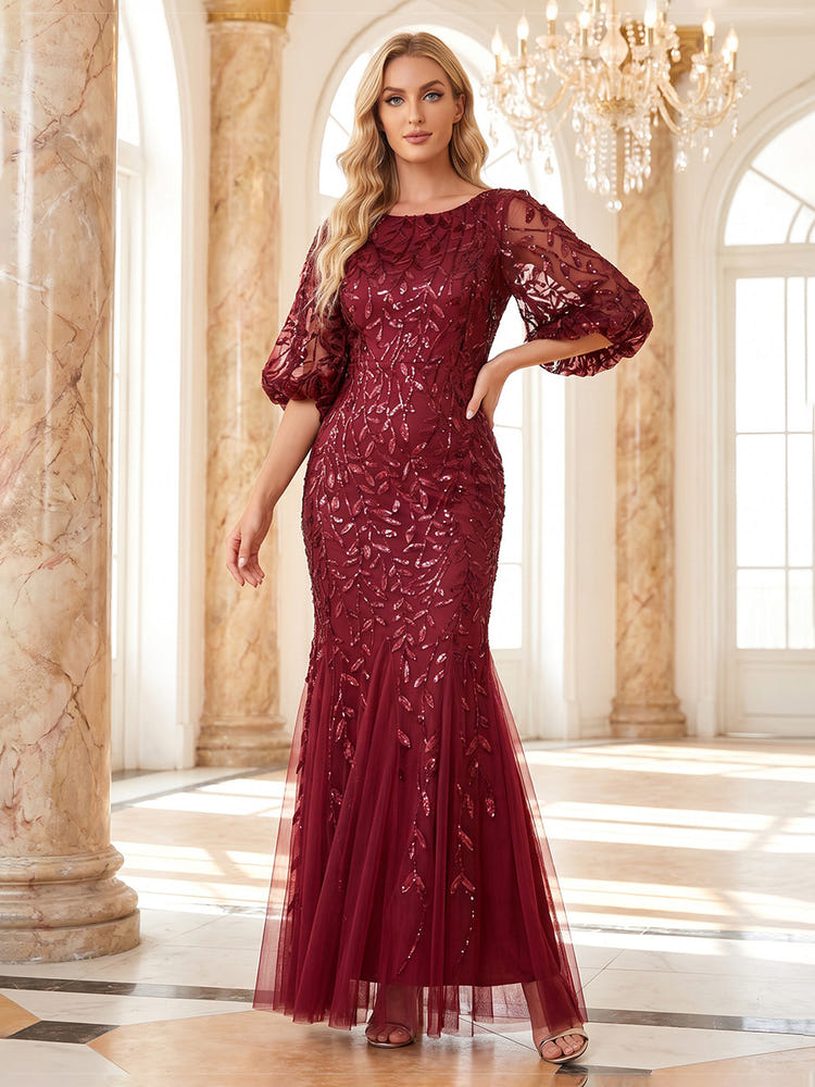 Tulle Mermaid Crew Neck Maxi Mother of the Bride Dresses with Leaf‑Pattern Sequin‑Embroidered