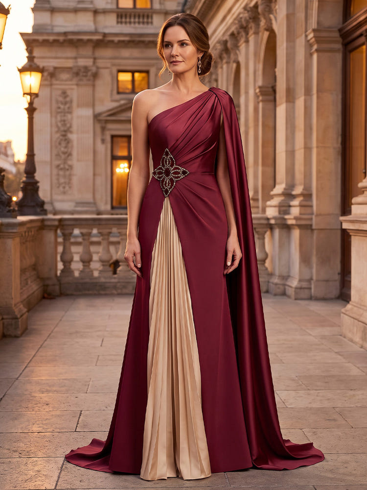 Satin Mermaid One Shoulder Maxi Mother of the Bride Dresses with Rhinestone