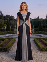 Chiffon A-Line Square Neck Maxi Mother of the Bride Dresses with Black Beaded Rhinestone Four‑Leaf Flower Motif At Waist
