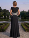Chiffon A-Line Square Neck Maxi Mother of the Bride Dresses with Black Beaded Rhinestone Four‑Leaf Flower Motif At Waist