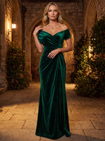 Velvet Mermaid Off Shoulder Maxi Mother of the Bride Dresses with Side Waist Ruched