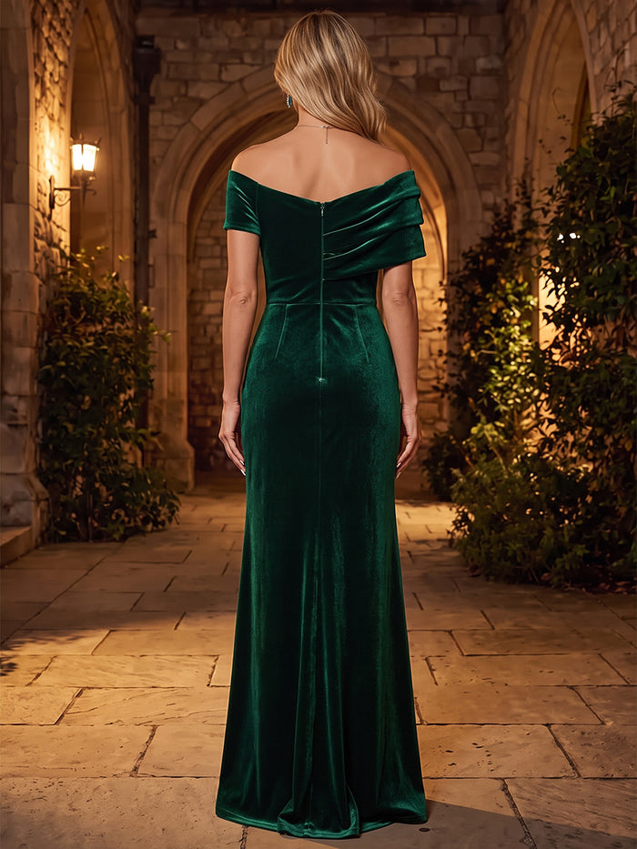 Velvet Mermaid Off Shoulder Maxi Mother of the Bride Dresses with Side Waist Ruched