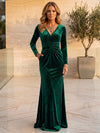 Velvet Mermaid V Neck Maxi Mother of the Bride Dresses with Central Ruched Gathering Detail