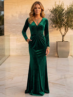 Velvet Mermaid V Neck Maxi Mother of the Bride Dresses with Central Ruched Gathering Detail