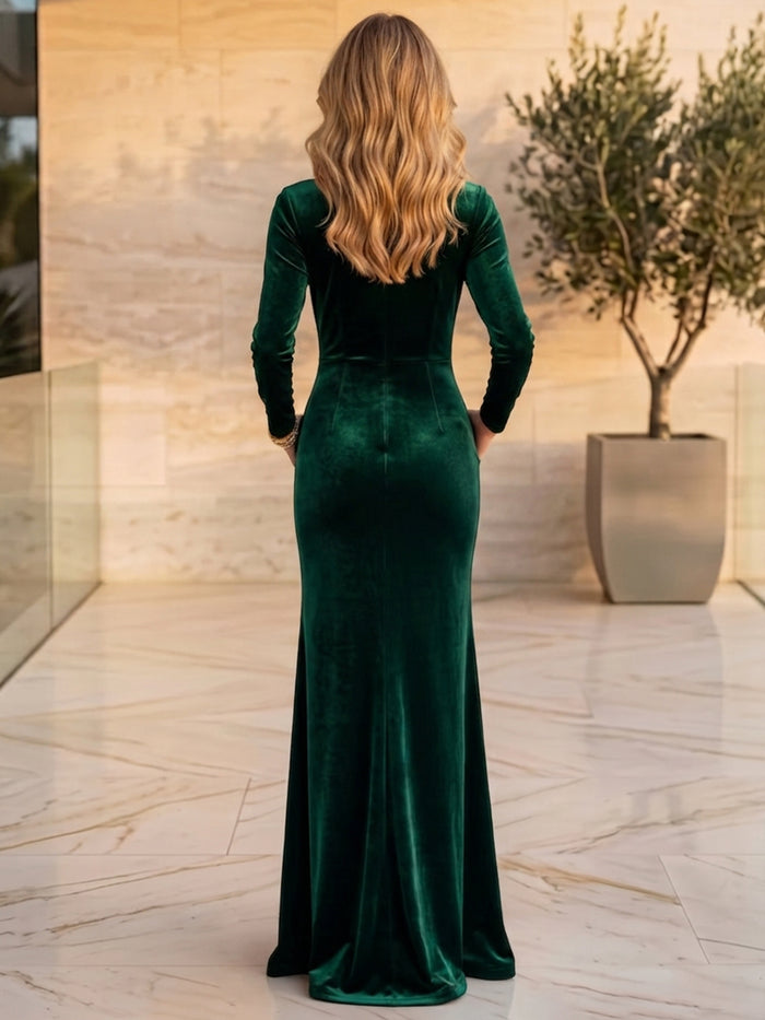Velvet Mermaid V Neck Maxi Mother of the Bride Dresses with Central Ruched Gathering Detail