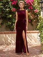 Velvet Mermaid Boat Neck Maxi Mother of the Bride Dresses with Side Slit