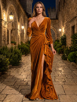 Velvet Mermaid V Neck Maxi Mother of the Bride Dresses with Side Waist Ruched