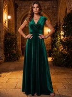 Velvet A-Line V Neck Maxi Mother of the Bride Dresses with Pleated