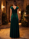 Velvet A-Line V Neck Maxi Mother of the Bride Dresses with Pleated