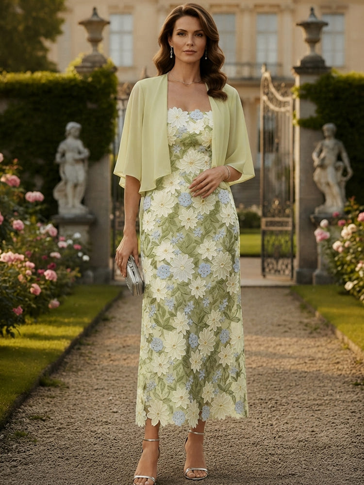3D Flower Appliques Sheath Strapless Maxi Mother of the Bride Dresses with Caps