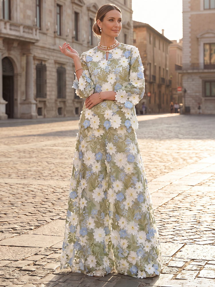 3D Flower Appliques Pantsuit Crew Neck Maxi Mother of the Bride Pantsuits with Floral Embroidery