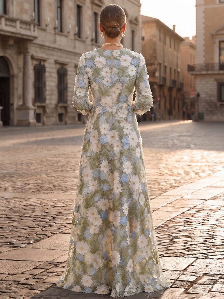 3D Flower Appliques Pantsuit Crew Neck Maxi Mother of the Bride Pantsuits with Floral Embroidery