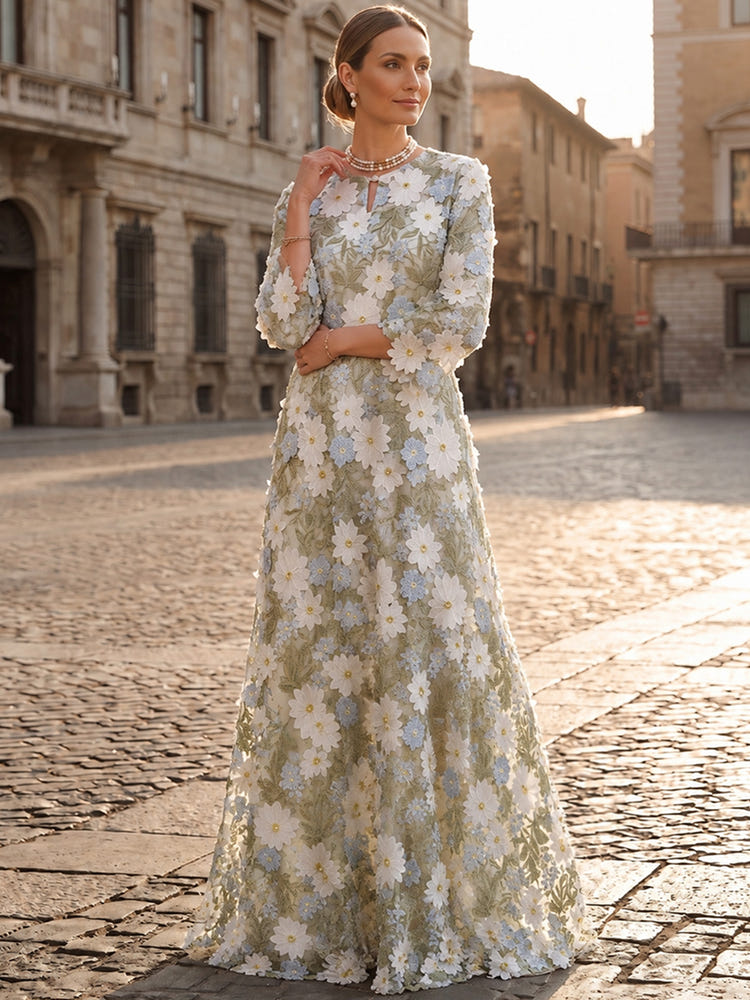 3D Flower Appliques Pantsuit Crew Neck Maxi Mother of the Bride Pantsuits with Floral Embroidery