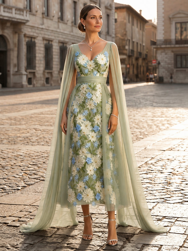 3D Flower Appliques A-Line V Neck Midi Mother of the Bride Dresses with Sash