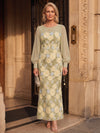 3D Flower Appliques Mermaid Crew Neck Maxi Mother of the Bride Dresses with Puff Sleeves