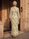 3D Flower Appliques Mermaid Crew Neck Maxi Mother of the Bride Dresses with Puff Sleeves