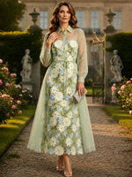 3D Flower Appliques A-Line Stand Collar Maxi Mother of the Bride Dresses with Sheer Long Tulle Sleeves