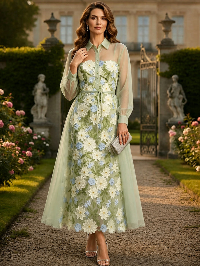 3D Flower Appliques A-Line Stand Collar Maxi Mother of the Bride Dresses with Sheer Long Tulle Sleeves