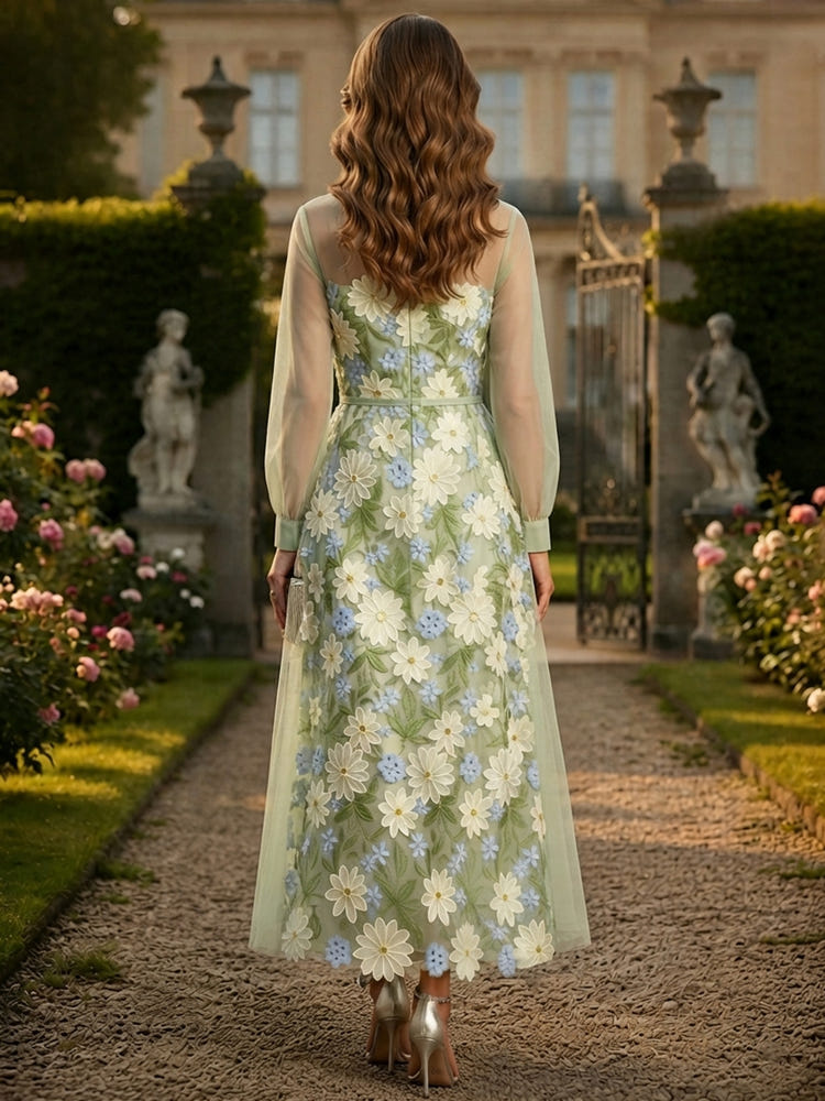3D Flower Appliques A-Line Stand Collar Maxi Mother of the Bride Dresses with Sheer Long Tulle Sleeves