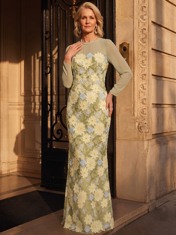 3D Flower Appliques Mermaid Crew Neck Maxi Mother of the Bride Dresses with Sheer Long Tulle Sleeves