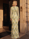 3D Flower Appliques Mermaid Crew Neck Maxi Mother of the Bride Dresses with Sheer Long Tulle Sleeves