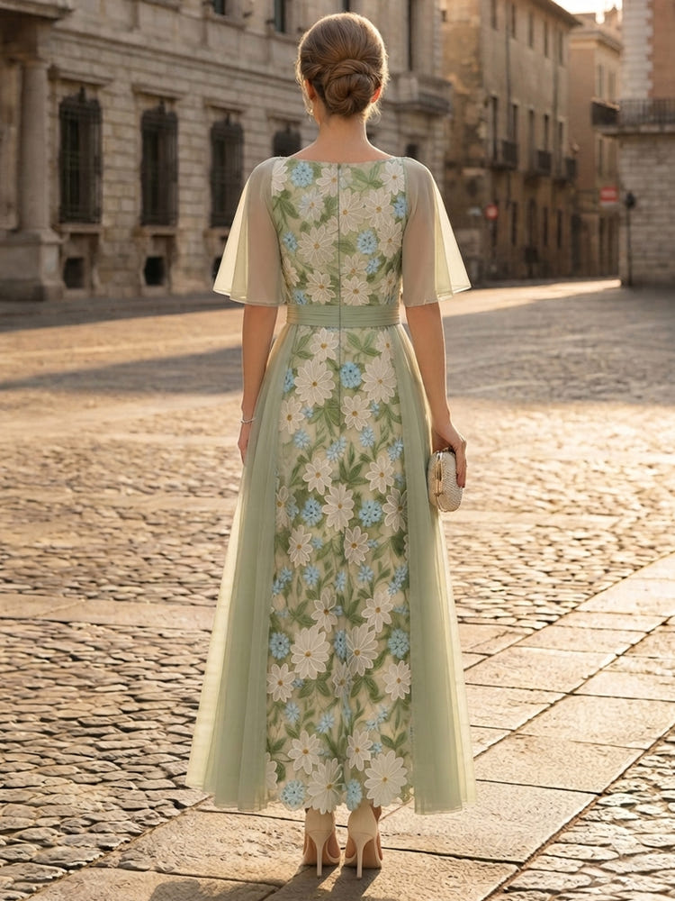 3D Flower Appliques A-Line Sweetheart Maxi Mother of the Bride Dresses with Wide Ruched Chiffon Waistband