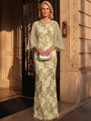 3D Flower Appliques Mermaid Crew Neck Maxi Mother of the Bride Dresses with Flowey Chiffon Bell‑Flare 3/4 Sleeves