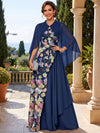 3D Flower Lace A-Line Strapless Maxi Mother of the Bride Dresses with Sheer Chiffon Flowing Cape