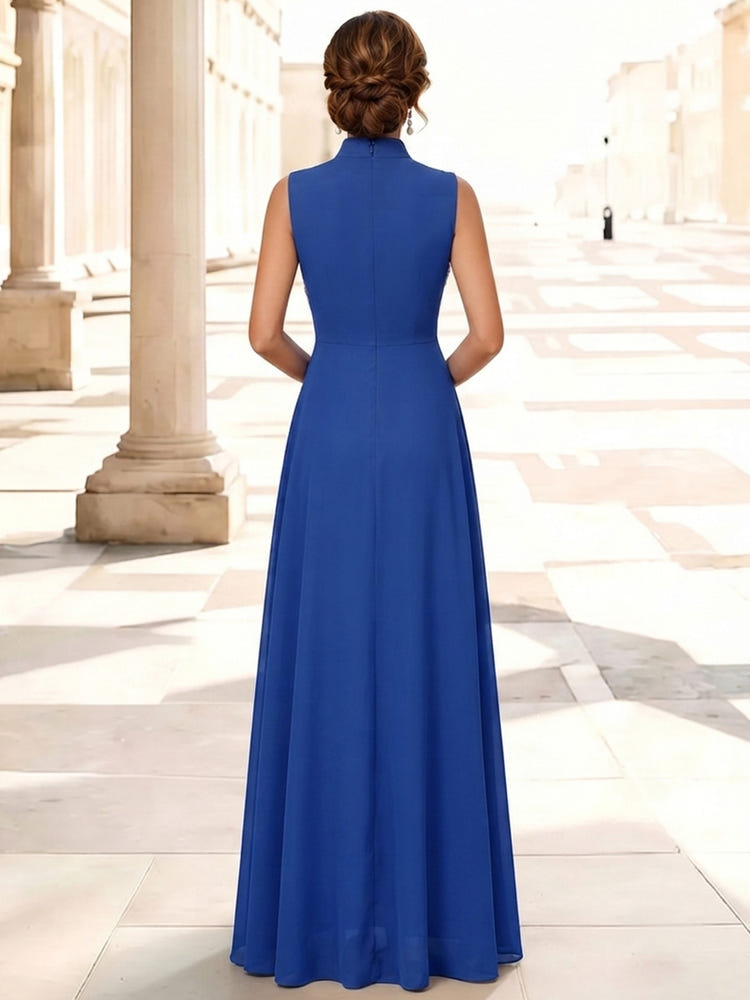 3D Flower Lace A-Line Stand Collar Maxi Mother of the Bride Dresses with Ruffles