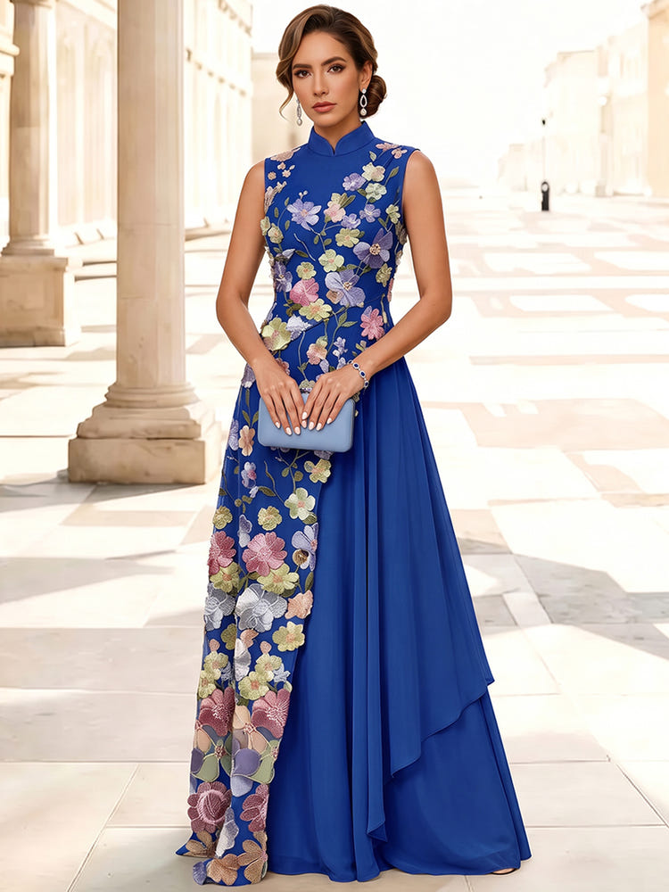3D Flower Lace A-Line Stand Collar Maxi Mother of the Bride Dresses with Ruffles