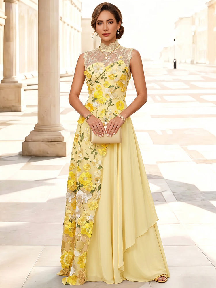3D Flower Lace A-Line High Lace Illusion Neckline Maxi Mother of the Bride Dresses with Lace Applique