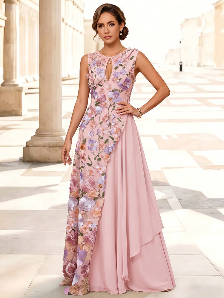 3D Flower Lace A-Line Crew Neck Maxi Mother of the Bride Dresses with Keyhole