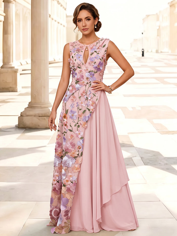3D Flower Lace A-Line Crew Neck Maxi Mother of the Bride Dresses with Keyhole