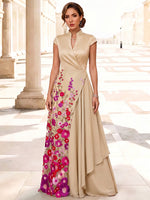 3D Flower Lace A-Line Stand Collar Maxi Mother of the Bride Dresses with Ruffles