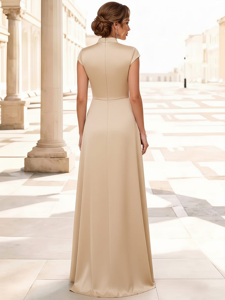 3D Flower Lace A-Line Stand Collar Maxi Mother of the Bride Dresses with Ruffles