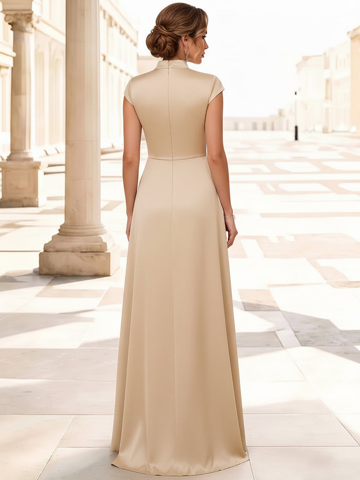 3D Flower Lace A-Line Stand Collar Maxi Mother of the Bride Dresses with Ruffles