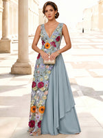 3D Flower Lace A-Line V Neck Maxi Mother of the Bride Dresses with Ruffles