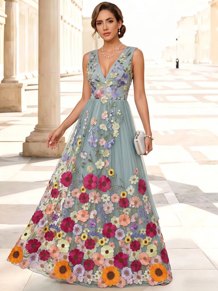 3D Flower Lace A-Line V Neck Maxi Mother of the Bride Dresses with Pleated