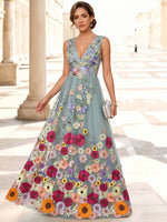 3D Flower Lace A-Line V Neck Maxi Mother of the Bride Dresses with Pleated