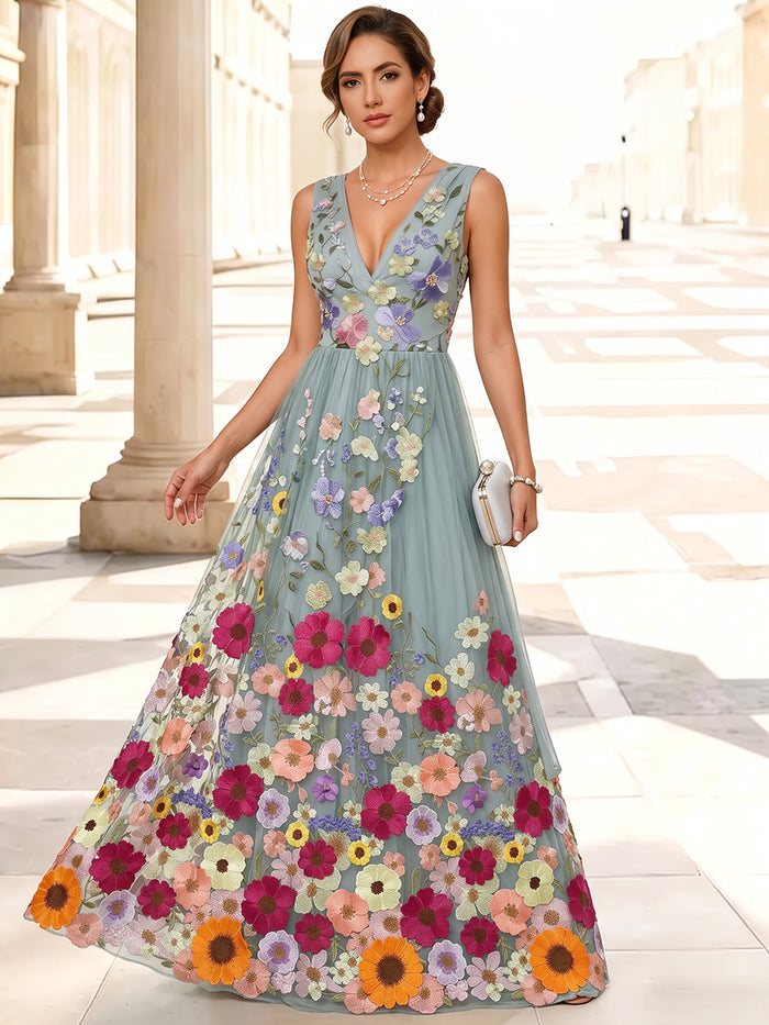 3D Flower Lace A-Line V Neck Maxi Mother of the Bride Dresses with Pleated