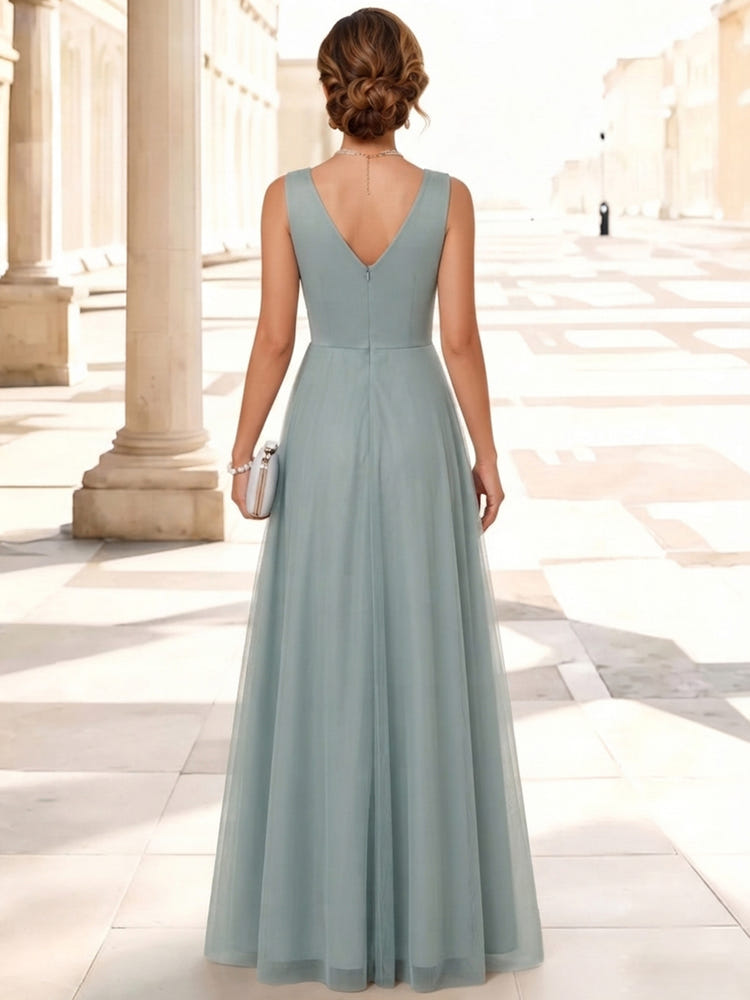 3D Flower Lace A-Line V Neck Maxi Mother of the Bride Dresses with Pleated