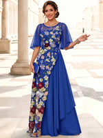 3D Flower Lace A-Line Crew Neck Maxi Mother of the Bride Dresses with Ruffles