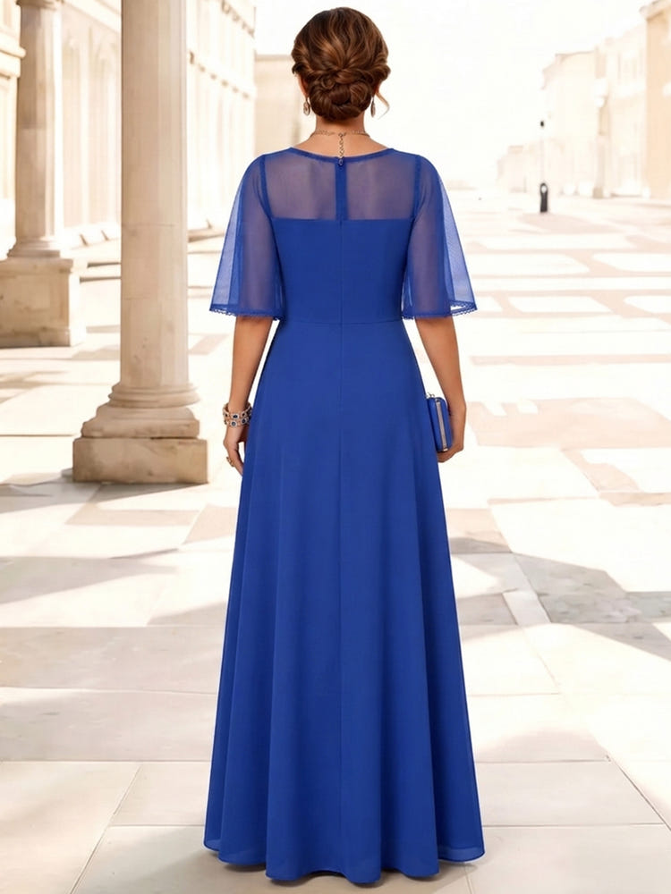 3D Flower Lace A-Line Crew Neck Maxi Mother of the Bride Dresses with Ruffles