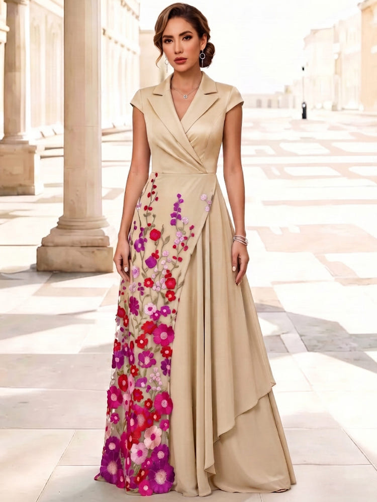 3D Flower Lace A-Line V Neck Maxi Mother of the Bride Dresses with Pleated