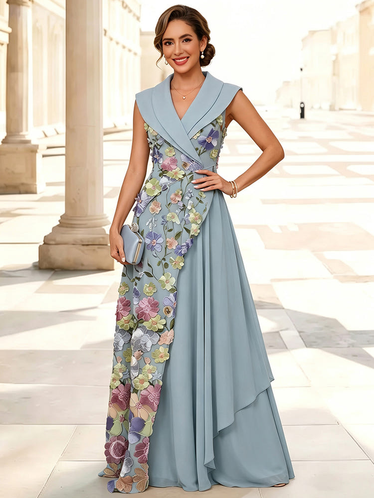 3D Flower Lace A-Line Wide Lapel Shawl Collar Maxi Mother of the Bride Dresses with Ruffles