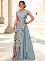 3D Flower Lace A-Line Wide Lapel Shawl Collar Maxi Mother of the Bride Dresses with Ruffles