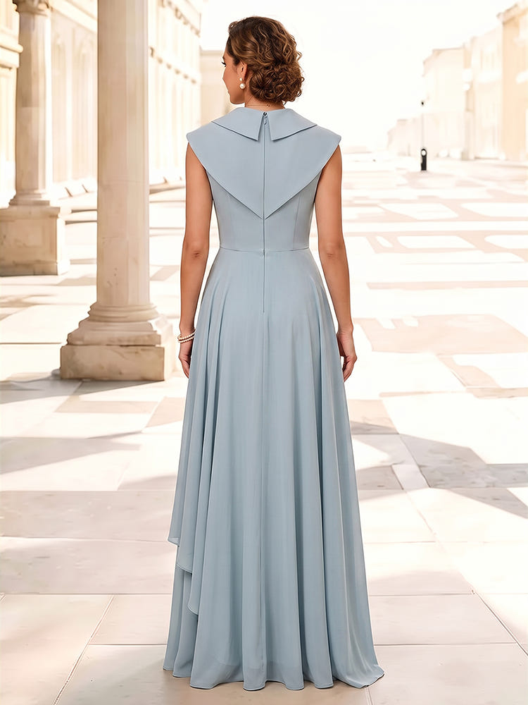 3D Flower Lace A-Line Wide Lapel Shawl Collar Maxi Mother of the Bride Dresses with Ruffles