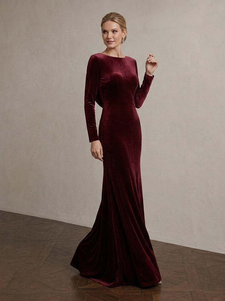 Velvet Mermaid Crew Neck Maxi Mother of the Bride Dresses with Back Cowl Draped Low‑Back