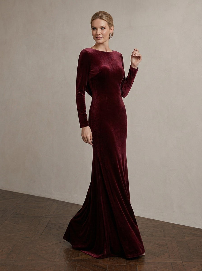Velvet Mermaid Crew Neck Maxi Mother of the Bride Dresses with Back Cowl Draped Low‑Back