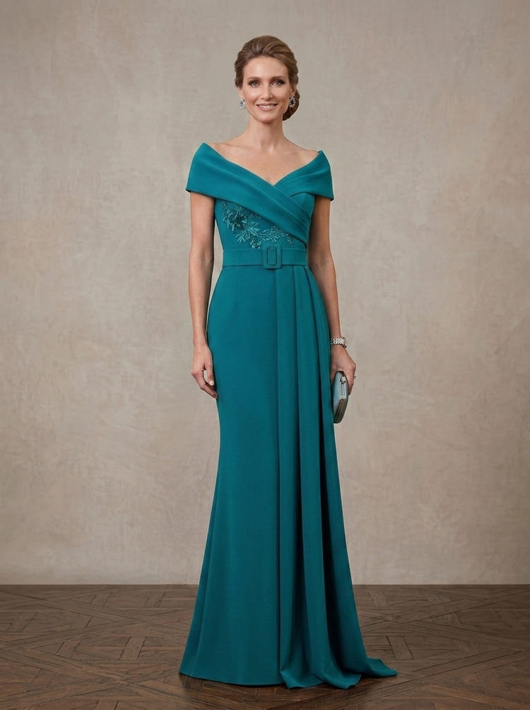 Jersey Mermaid Off Shoulder Maxi Mother of the Bride Dresses with Floral Lace Applique